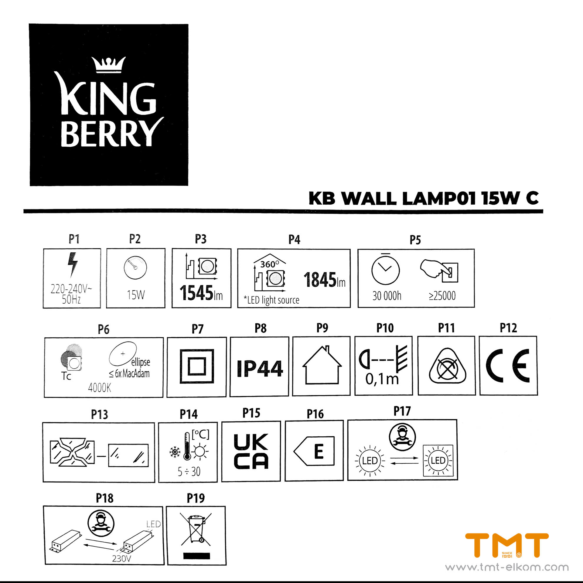 ТМТ ЕЛКОМ | СПОТ LED 15W,4000K,1545Lm,IP44,31466,230V